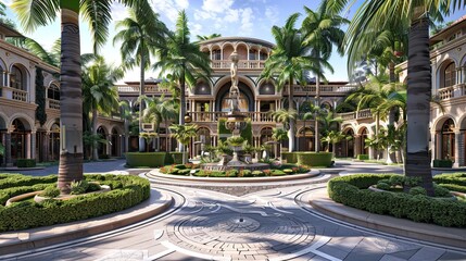 Fototapeta premium The grand exterior of a villa with a circular driveway, palm trees and a central statue feature