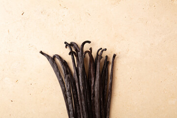 Raw vanilla on textured surface. Food culture. Healthy food with no flavouring and preservative.
