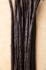Raw vanilla on textured surface. Food culture. Healthy food with no flavouring and preservative.