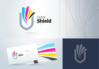 Shield adn Drops CMYK color. Logo Printing theme. Template design vector. White background.