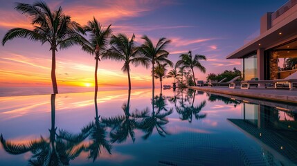 Obraz premium The inviting infinity pool of a luxury home, with palm trees reflecting in the water's surface at sunset