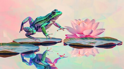 A 2D pastel artwork of a frog jumping from one lily pad to another, depicted with vibrant, geometric shapes against a pastel water background