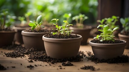 Office business growth success concept: small plants that are seeded and grown.