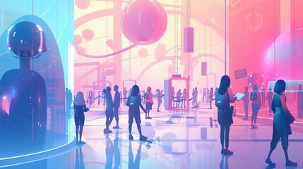 A dynamic 2D scene in pastel colors showing a group of humans and robots collaborating in a futuristic laboratory