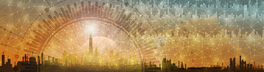 Futuristische Illustration - City und Industrie Skyline mit Displays zum Energiemix - Online Digitale Daten analysieren - Datenströme - Energie verteilen in die Sektoren der Infrastruktur