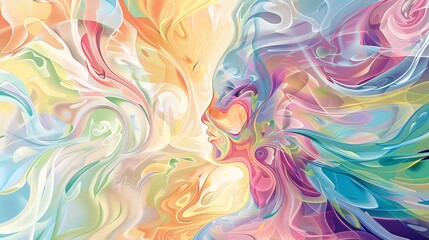 An abstract 2D pastel artwork showing a human form intertwined with floral shapes that burst forth in a spectrum of pastel colors