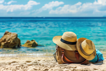 Hat and map on beach. side travel concept