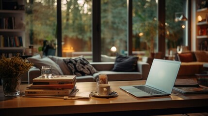 Wooden table with laptop and notebook in stylish living room