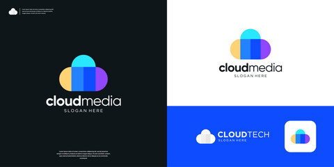 Trendy cloud tech colorful logo design template.
