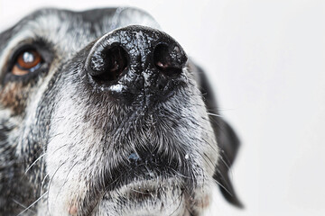 Close up of black dog nose of very old dog with gray hair on white background