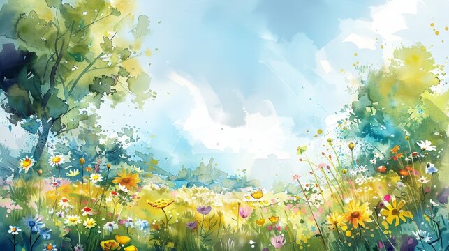 Artistic watercolor of a sunny meadow filled with wildflowers, the bright and cheerful scene helping to lighten the mood in the clinic