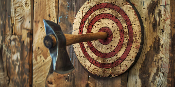 Wooden board with a target for throwing an axe and playing darts with  tree on a wooden backgrond