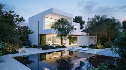 The modern allure of a white villa's exterior, with a pool that is a tranquil oasis and a garden that is a tapestry of green at dusk