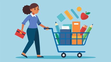 With empty shelves in mind a teacher loaded up their cart with supplies found at a thrift store from markers and scissors to stickers and paper. Vector illustration