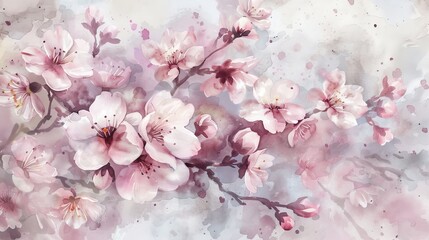 Artistic watercolor of cherry blossoms in full bloom, the soft pinks creating a tranquil and inviting atmosphere in the clinic