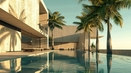 Fototapeta premium The modern architecture of a luxury pool home, with towering palm trees casting shadows on the water