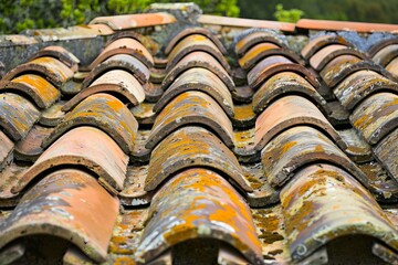 A close up of a tile roof.
