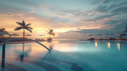The peaceful ambiance of a resort pool at dawn, the sky painted with soft pastel colors