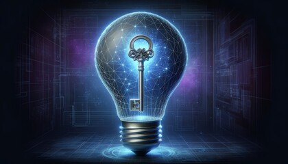 A light bulb with a key inside of it. The light bulb is glowing and the key is glowing as well. Concept of unlocking knowledge or understanding