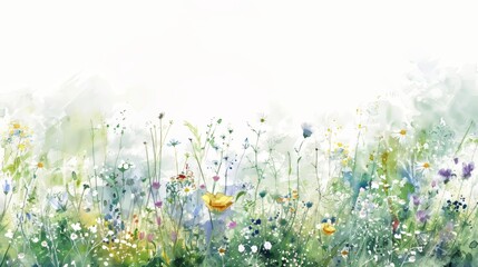 Delicate watercolor of a spring meadow filled with wildflowers, the light brushstrokes conveying a sense of calm and beauty