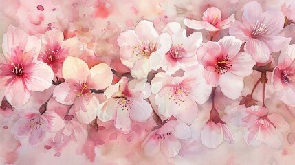 Delicate watercolor of cherry blossoms in full bloom, the soft pinks and whites evoking relaxation and joy in a dental clinic setting