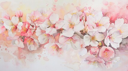 Delicate watercolor of cherry blossoms in full bloom, the soft pinks and whites evoking relaxation and joy in a dental clinic setting