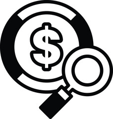 A dollar sign is magnified by a magnifying glass In the concept of business icons