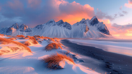 Vestrahorn mountains in Iceland with snow, black sand beach, sunset, orange and pink sky. Created with Ai