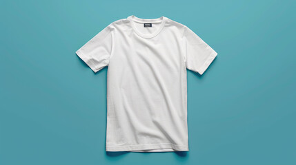 White classic blank t-shirt mock-up for logo, text or design on blue background. Ready to replace your design