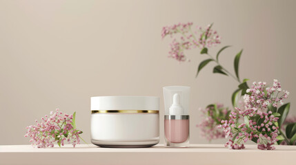 Cosmetic cream jar mockup with sprigs of flowers. Beauty product template in pink pastel colors. Copy space