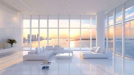 The pure white interior of a living area, with floor-to-ceiling windows capturing the city's bay at golden hour
