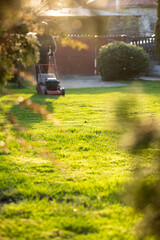 Garden worker with lawn mover. Garden works in spring.