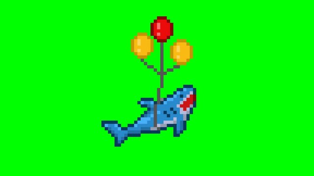 Flying shark tied to balloons, pixel art character animation 