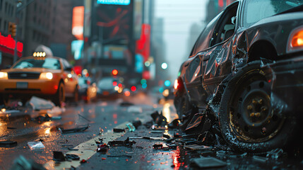 A damaged car is surrounded by debris on a rainy city street at night, highlighting the aftermath of a traffic accident.