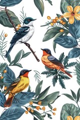 vector drawing birds , flowers and leaves , hand drawn seamless pattern, natural background, cartoon cover