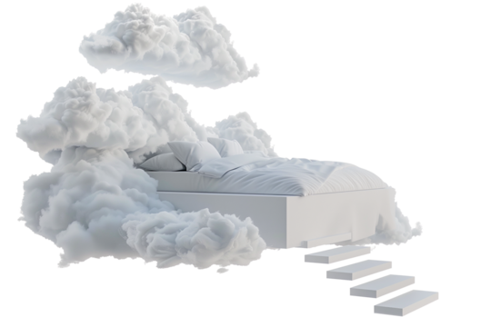 Floating bed on clouds with steps isolated on transparent background