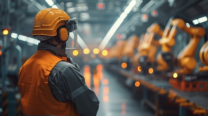An automation engineer in a safety vest and helmet oversees a lineup of robotic arms in a high-tech industrial factory setting.