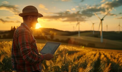 A wind energy technician with a digital tablet conducts maintenance checks on wind turbines amidst a scenic green landscape.