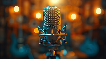 A close-up of a studio microphone with a sleek shock mount, highlighted against a background of blurred bokeh lights for a professional audio vibe.