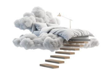 Floating bed on clouds with steps isolated on transparent background