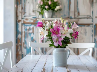 White kitchen interior with a white table and colorful flowers in a vase on the background of an old wooden door