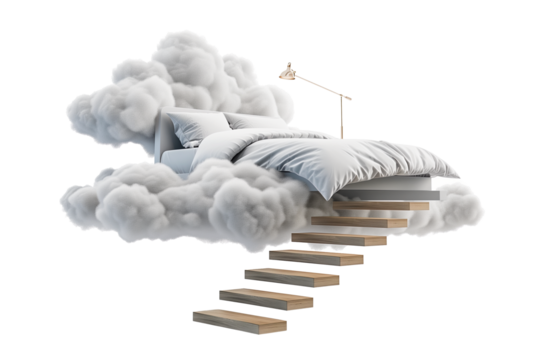 Floating bed on clouds with steps isolated on transparent background