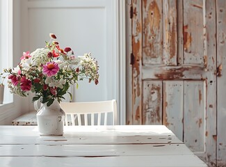 White kitchen interior with a white table and colorful flowers in a vase on the background of an old wooden door