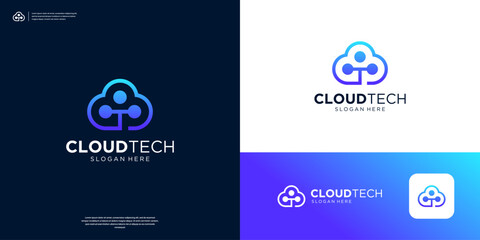 Letter T cloud computing dot data connection logo design.