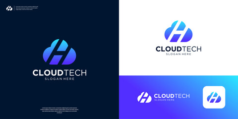 Cloud tech logo with letter H negative space logo design.