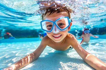 Naklejka premium Young Boy Joyfully Diving Into Clear Blue Water - Summer Fun, Aquatic Sports, Holiday Activity