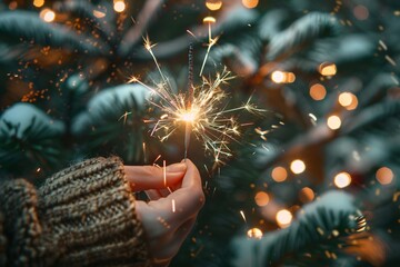 A sparkler in a woman's hand, a Christmas tree in the background. - Powered by Adobe