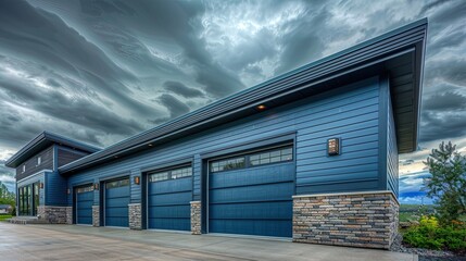 Fototapeta premium The sleek lines of a modern garage with blue siding and stone trim, under a stormy sky