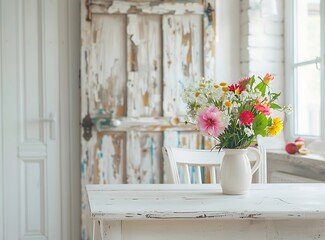 Fototapeta na wymiar White kitchen interior with a white table and colorful flowers in a vase on the background of an old wooden door