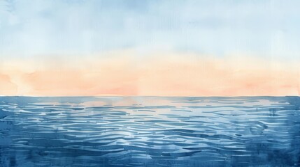 Fototapeta premium Minimalist watercolor depicting a calm seascape at dawn, the horizon blending seamlessly into the sky, fostering a sense of deep relaxation